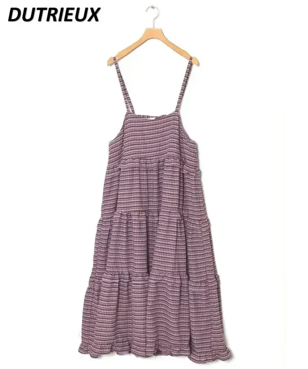 Vestido longo retrô estilo japonês feminino, saia solta sem mangas, alça ajustável de cinta de espaguete, vestido de babados em camadas, combina com tudo