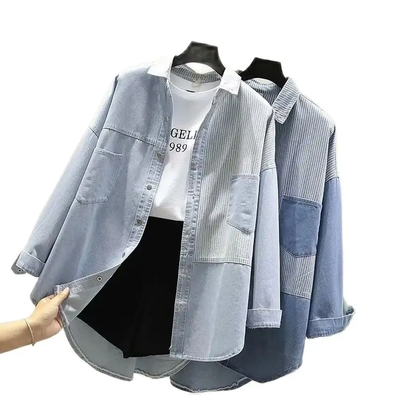 2025 Spring Autumn Korean Version Fashion Stripe Splicing Female Denim Shirt Medium Long  Wild Loose Tops Women's Shirt Coat