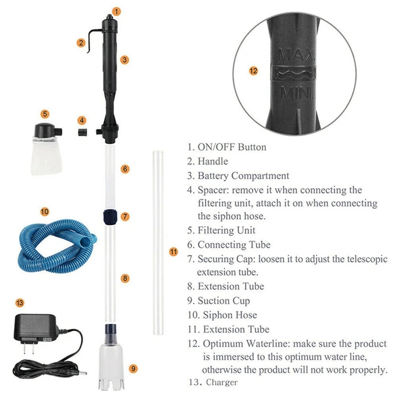 AT51-Aquarium Electric Water Changer Siphon,กรวดทําความสะอาดปั๊มกรอง,น้ําที่มีประสิทธิภาพเปลี่ยนเครื่องมือทําความสะอาดสําหรับถังปลา