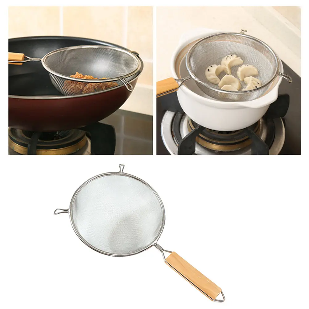 Stainless Steel Mesh Skimmer Strainer with Wooden Handle – 16cm Diameter, Non-Slip Grip for Spaetzle & Pasta