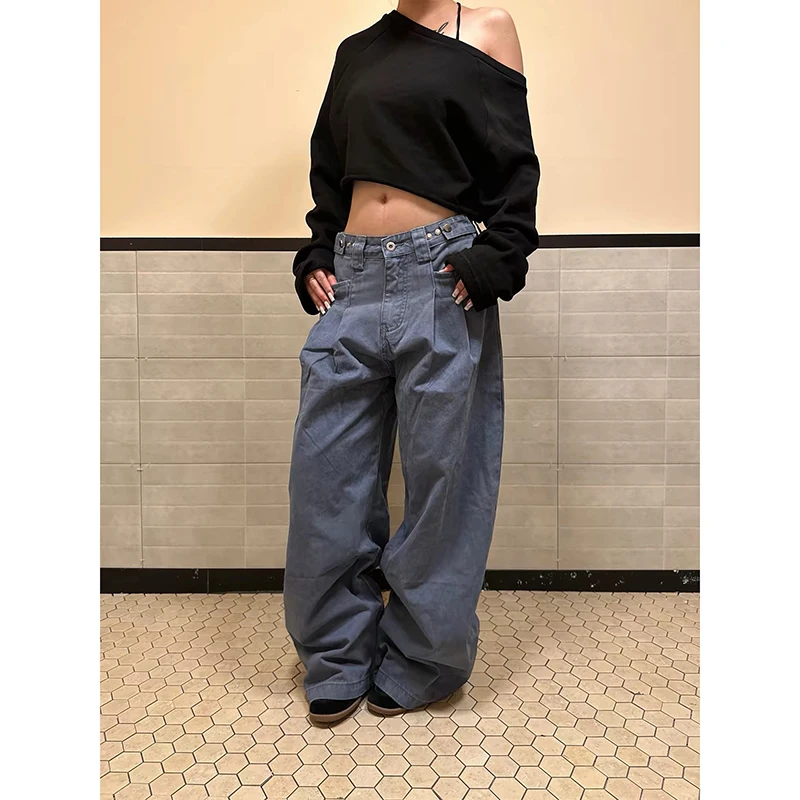 ZHIZOU Autumn Women Baggy Gothic Jean Blue Denim Pants Academia Y2K Japanese Harajuku Cargo Jeans Punk Tide Hip-pop 2000s Design
