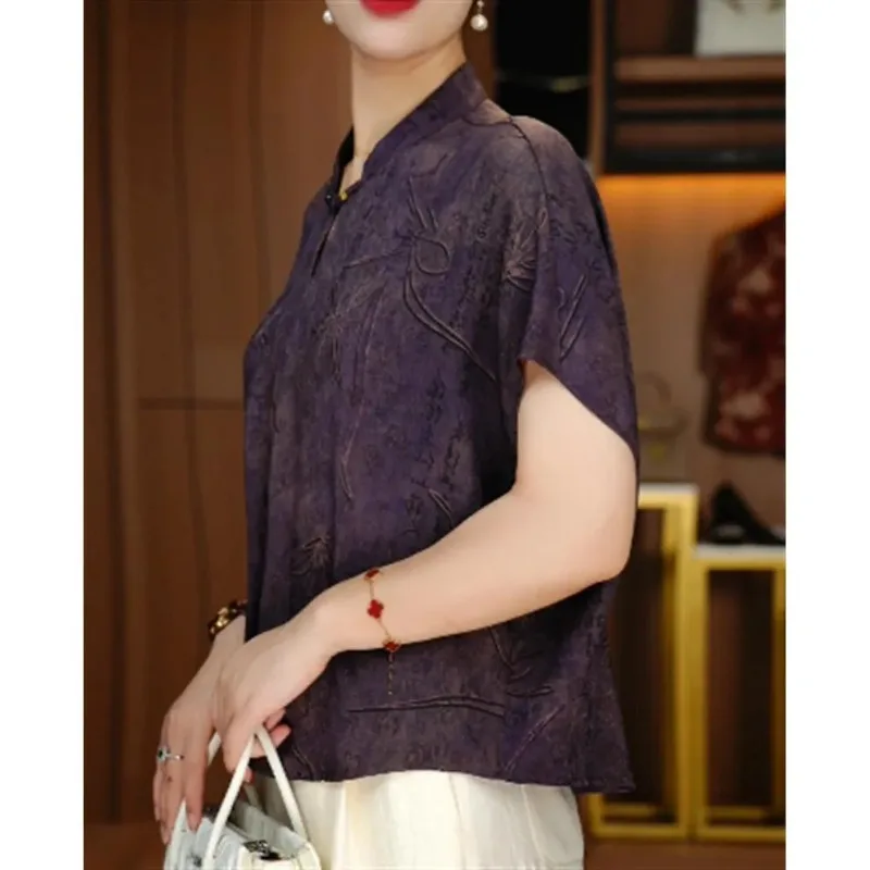 Women's Purple Mandarin Collar Short-Sleeve Blouse with Floral Calligraphy Embroidery