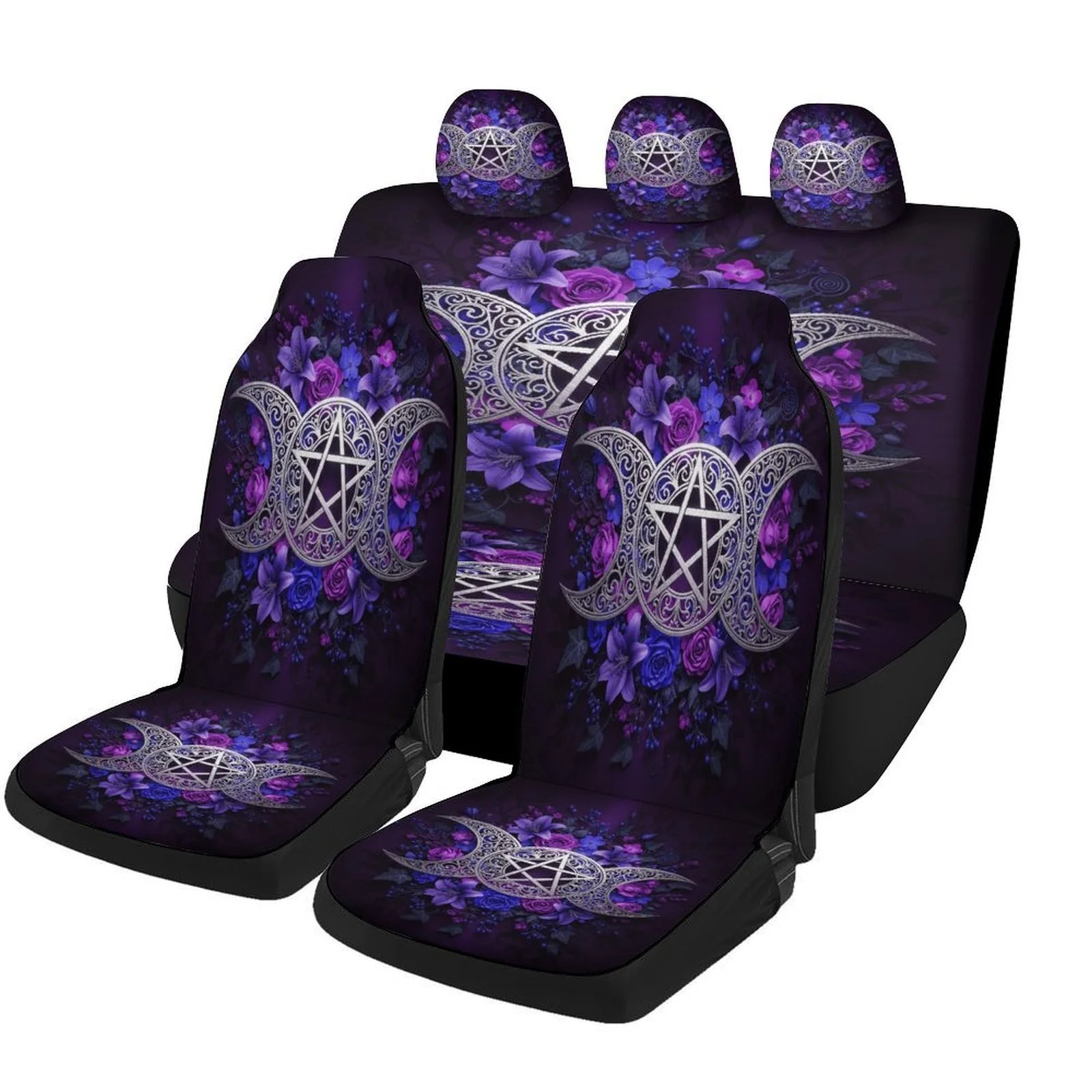 Triple Moon Pentagram Floral Themed Car Seat Cover Set - High-Quality Polyester, Universal Fit For 2 Front & Rear Seats, All-Sea
