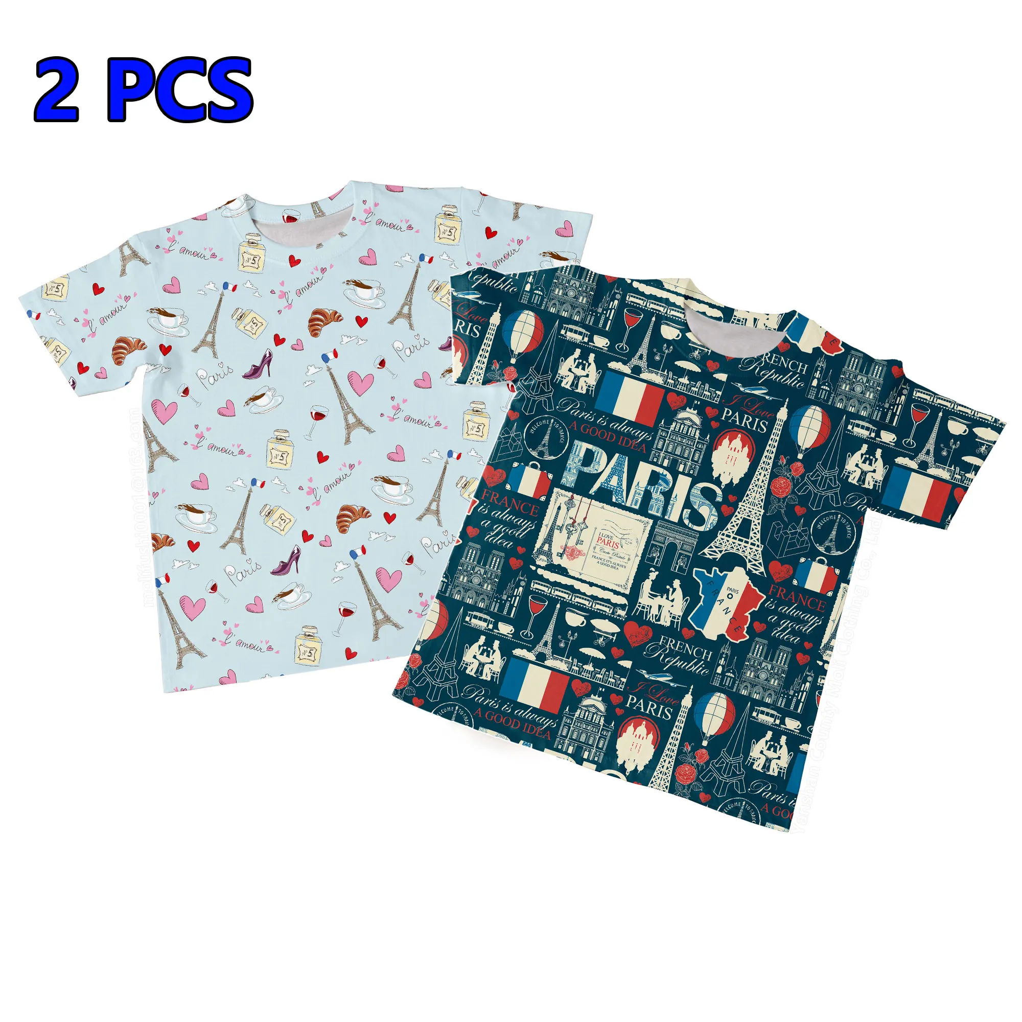 2 Pcs T shirts Paris Eiffel Tower Print Children's Tshirt Summer Boys Tees Clothes Daily Casual T-shirt Tops Kids' Short Sleeve