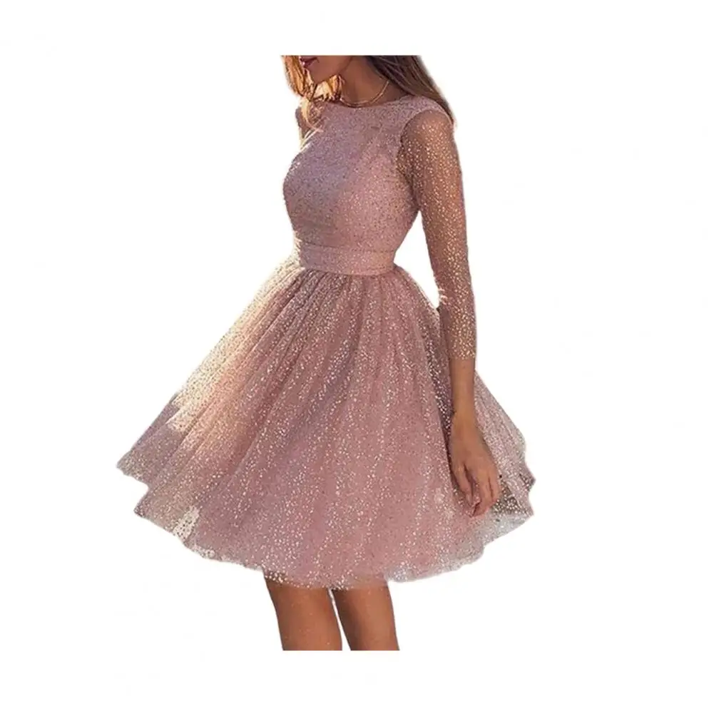 女性用ガウン エレガントなグリッター星空チュールプロムドレス 長袖付き 女性用フォーマルイブニングドレス メッシュカクテルドレス 特別な機会に