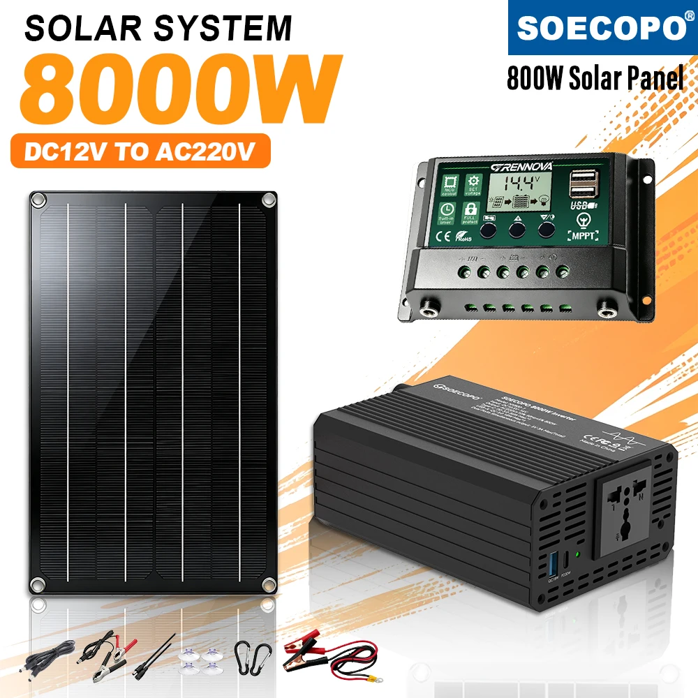 Emergency Backup Power 8000W Peak Solar System Kit (800W Panel + MPPT Controller + Stable Output Inverter) for RV Camping Home