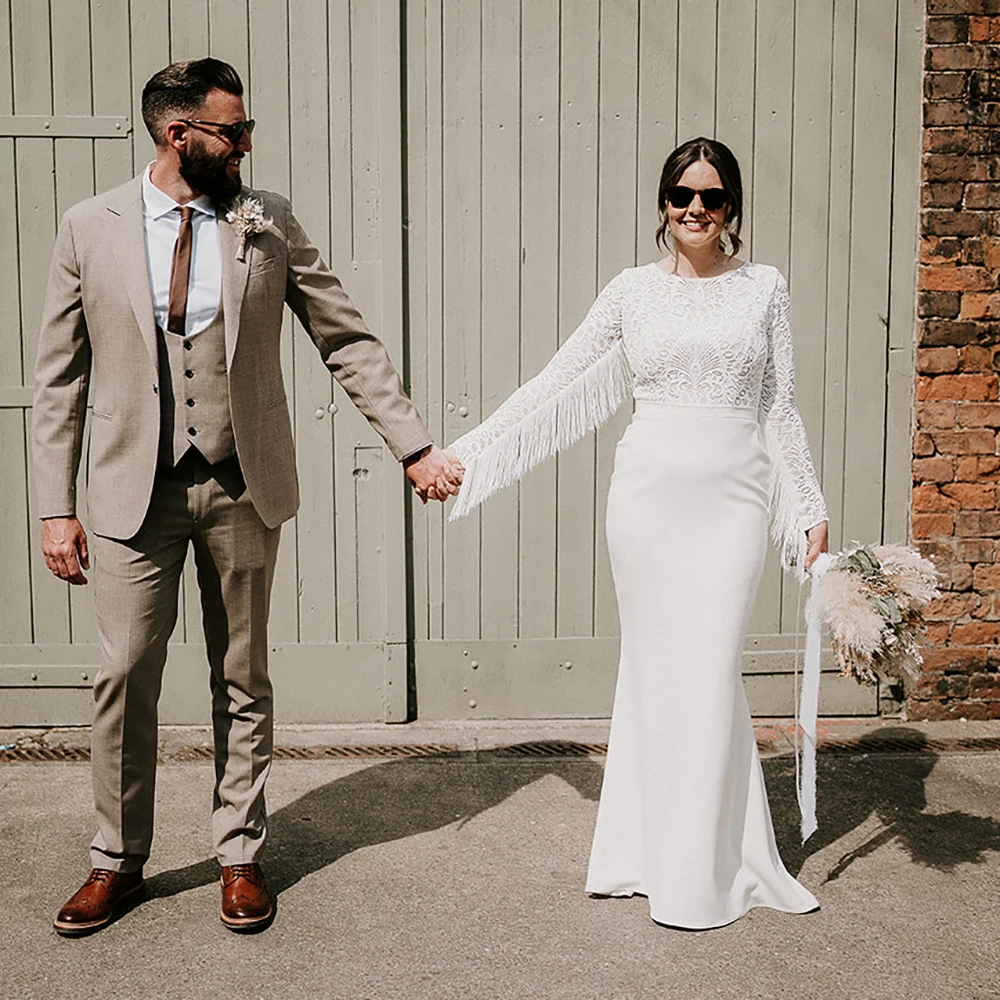 Western Tassels Bridal Gowns Long Sleeves Open Back Customized Personal Size Elastic Satin Sheath Fringed Boho Wedding Dress