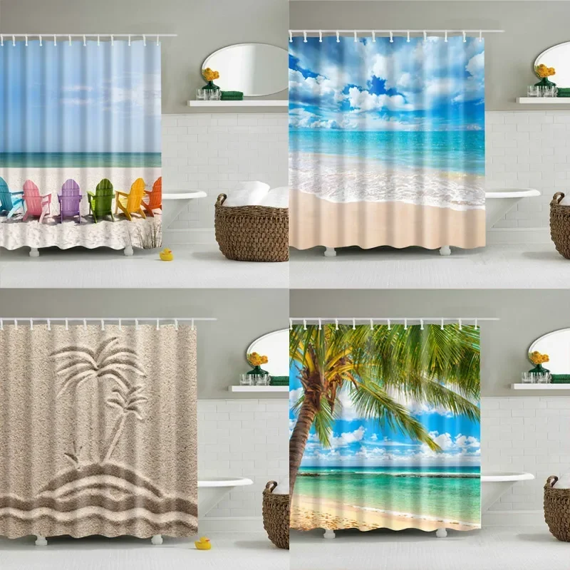 Beach Ocean Wave Nature Decorative Long Cloth Fabric Shower Curtain Bath Decorations