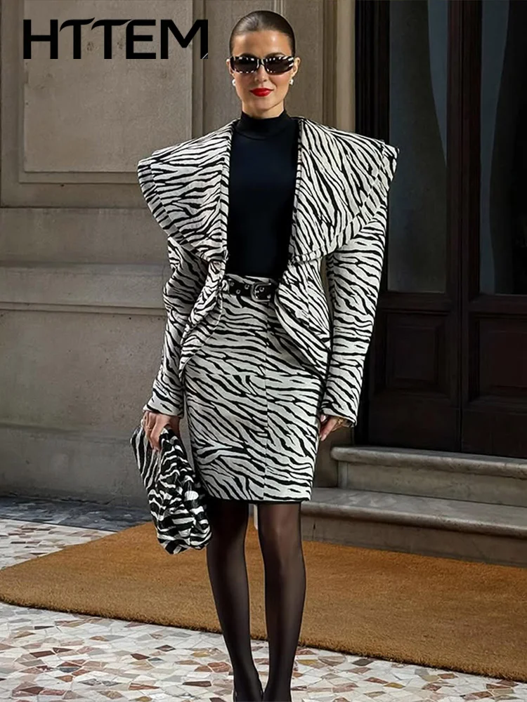 Elegant Zebra Coats Skirt Set Women Slim Lapel Long Sleeve Blazer Coats High Waist Mini Skirts Autumn Office Matching Outfits