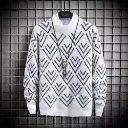 Autumn Winter Men's Sweater Plush Warm Color Block Knitted Sweater Harajuku High Street Slim Fit O-neck Top Japan Men's Clothing