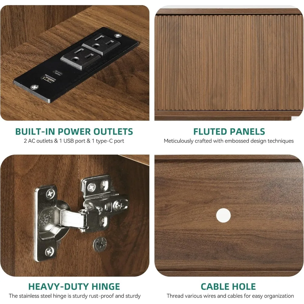 حامل تلفزيون مخدد لأجهزة التلفاز حتى 65 بوصة، مركز ترفيه مع منافذ طاقة ومقصورات تخزين، شركة تلفزيون خشبية طويلة 59 بوصة