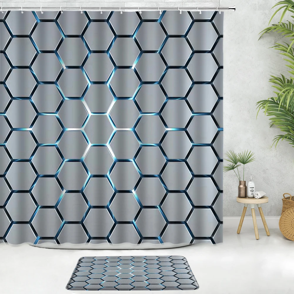 

2pcs Geometric Shower Curtain Set With Bath Mat Blue Plaid Design Gray Background Curtains Home Decor Bathroom Anti-slip Carpet