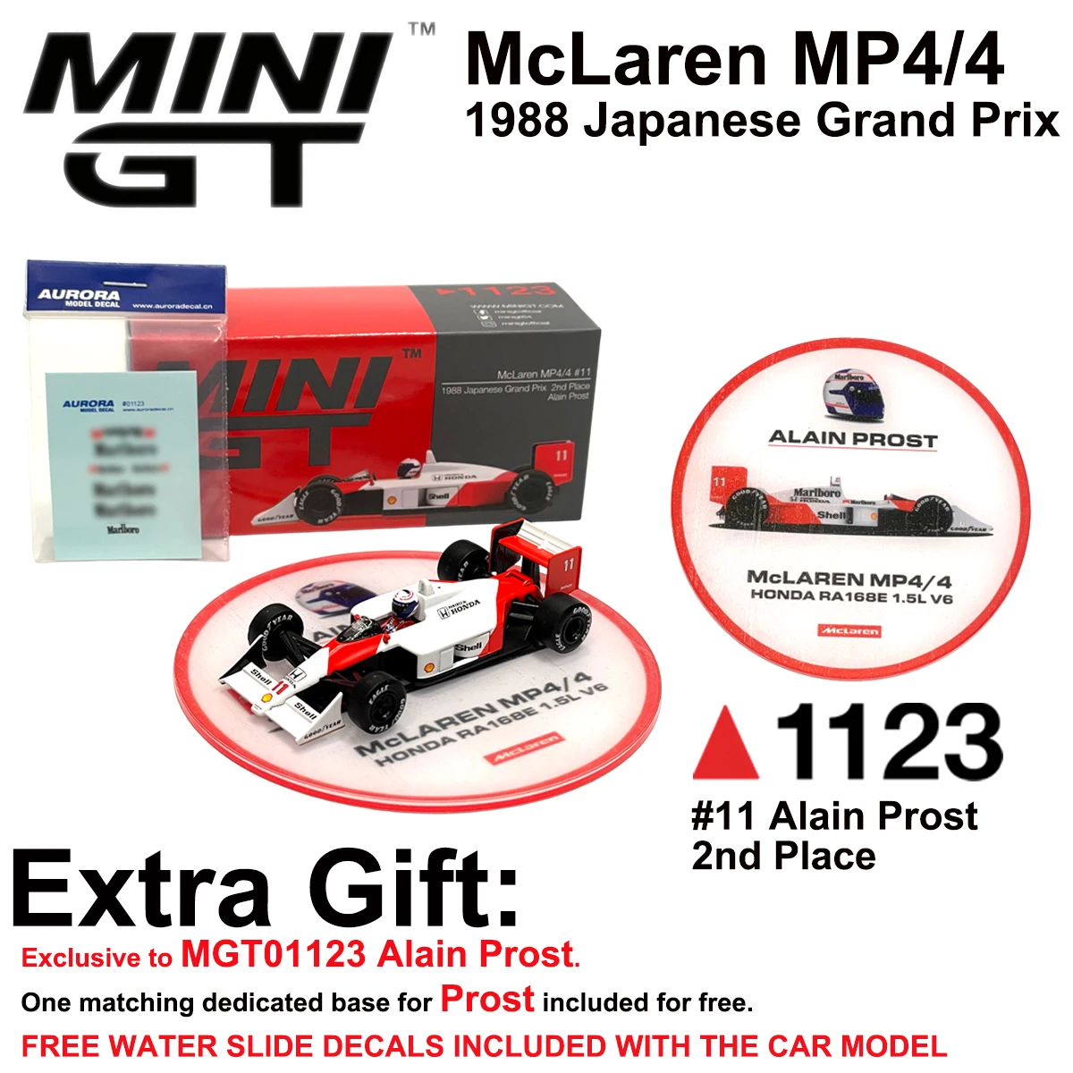 MiniGT 1099 / MiniGT 1123, schaal 1:64, Japanse Grand Prix 1988, nummer 12. # Ayrton Senna # 11 Alain Prost F1 McLaren MP4/4, gegoten modelauto.