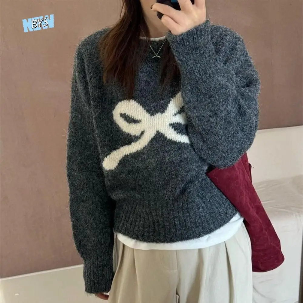 

Дышащий мягкий пуловер с бантом, свитер с длинным рукавом, теплый свитер с круглым вырезом, модный милый свитер с галстуком-бабочкой, Новый год