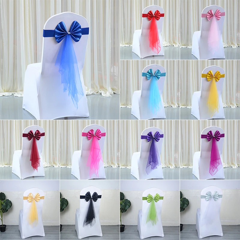 10pcs Elastic Chair Sash Pre tied Bow with Tulle Tail Stretch Chair Band for Wedding Banquet Party Event Chair Decoration