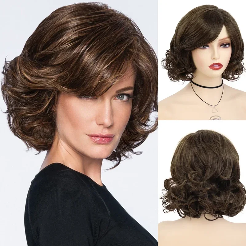 GNIMEGIL Synthetic Hair Women's Short Curly Wig with Bangs Natural Dark Brown Bob Wig Fluffy Elegant Daily Cosplay Mommy Wigs