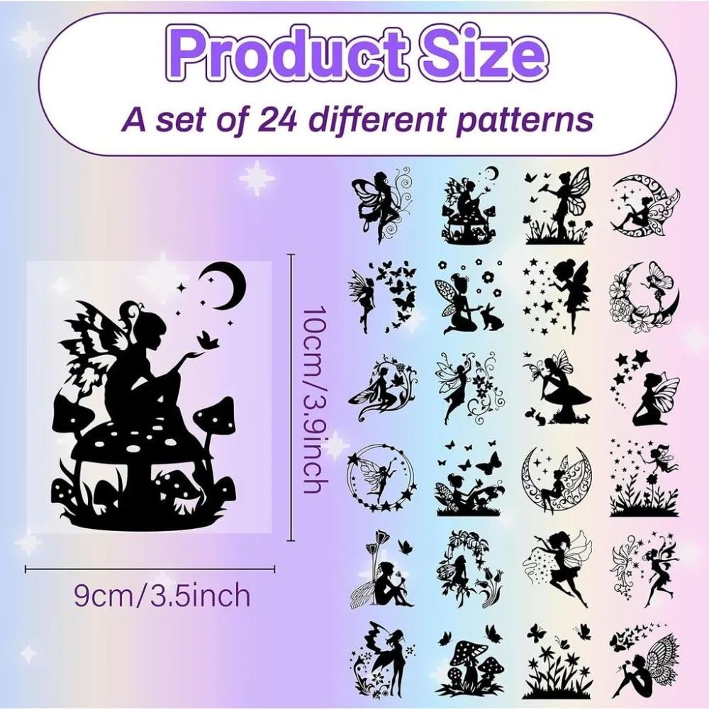 24Pcs Fairy Silhouettes Mason Jar Decor Angel Lantern Laser Cutouts Ornaments Mushroom Butterfly Scrapbook Black 3.9x3.5Inch