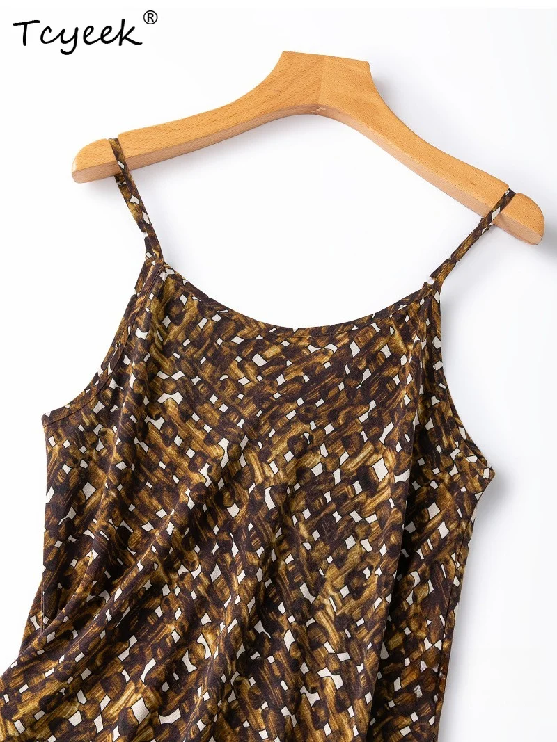 Tcyeek 100% Real Mulberry Silk Women's Tanks 2026 Summer New Brown Printed Skin-friendly Slimming Tops Woman Clothing Ropa Mujer