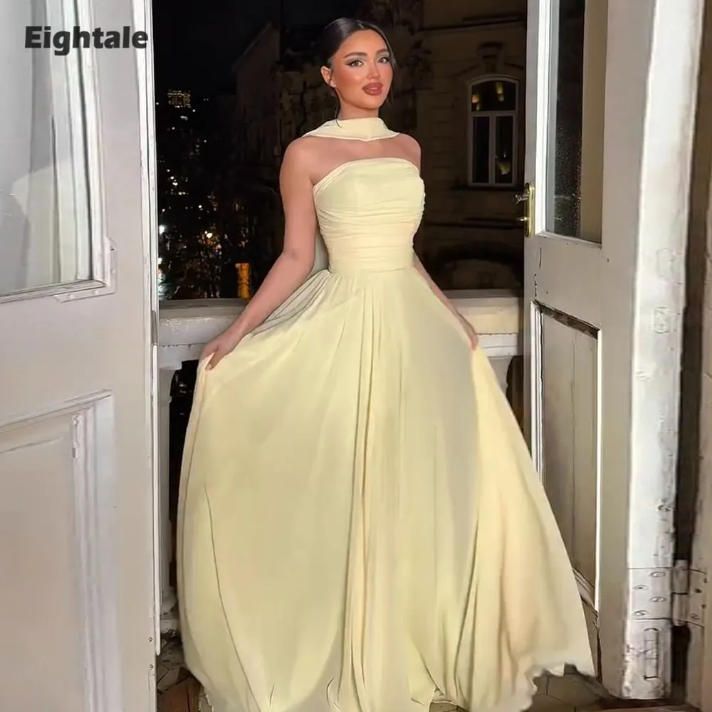 Eightale Arabic Evening Dress Halter Chiffon Floor Length Yellow Customized Prom Gown Party Dress robe de soiree