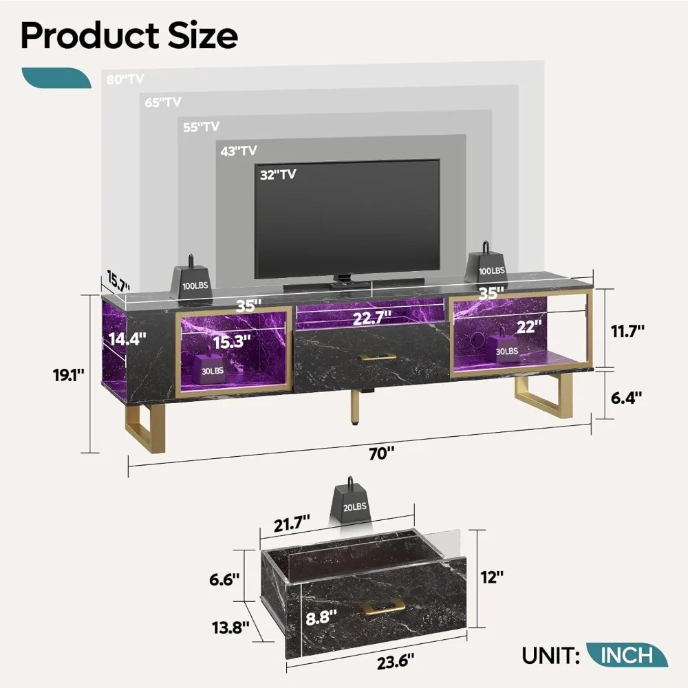 TV Stand for 65/70/75/80 Inch TV, LED Gaming Entertainment Center with Storage and Half-Glass Design Drawer, Modern TV