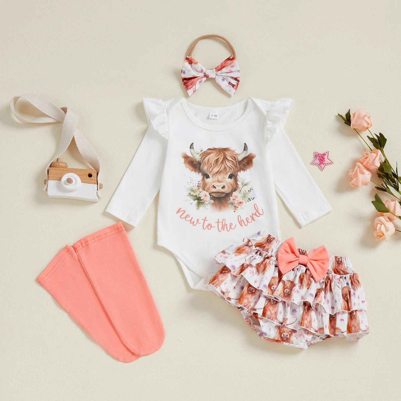 

SUNSIOM 4 Pcs Baby Girl Clothes Sets Long Sleeve Highland Cow Printed Romper with Ruffled Skort Headband Stockings Outffit