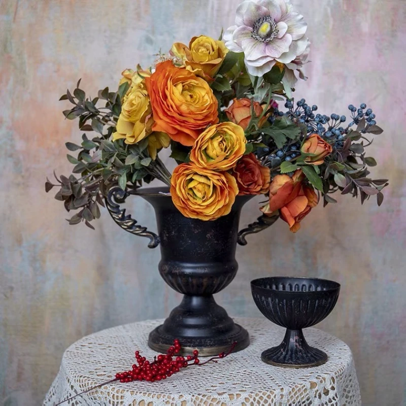 Vintage Black Gold Wrought Iron High - Heeled Flower Pot Decor Ornamental Vase Plant Pot Centerpiece Home Decor Retro Style