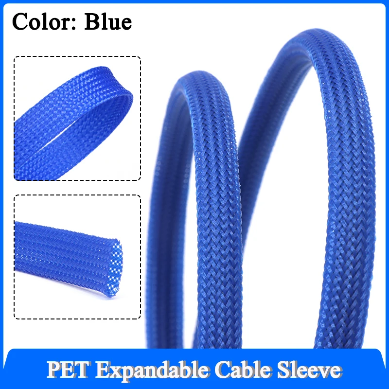 1~50m Blue PET Braid Sleeves 2/4/6/8/10/12/14/16/20/25/30/35/40/50/60mm High Density Snake Skin Wrap Sheath For Electric Cables