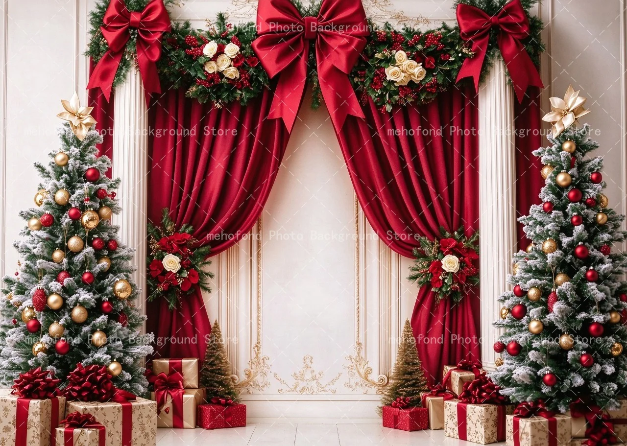 Mehofond Red Satin Bow Christmas Photography Xmas Tree Flowers Gold Stars Kid's Birthday Family Portrait Background Decoration