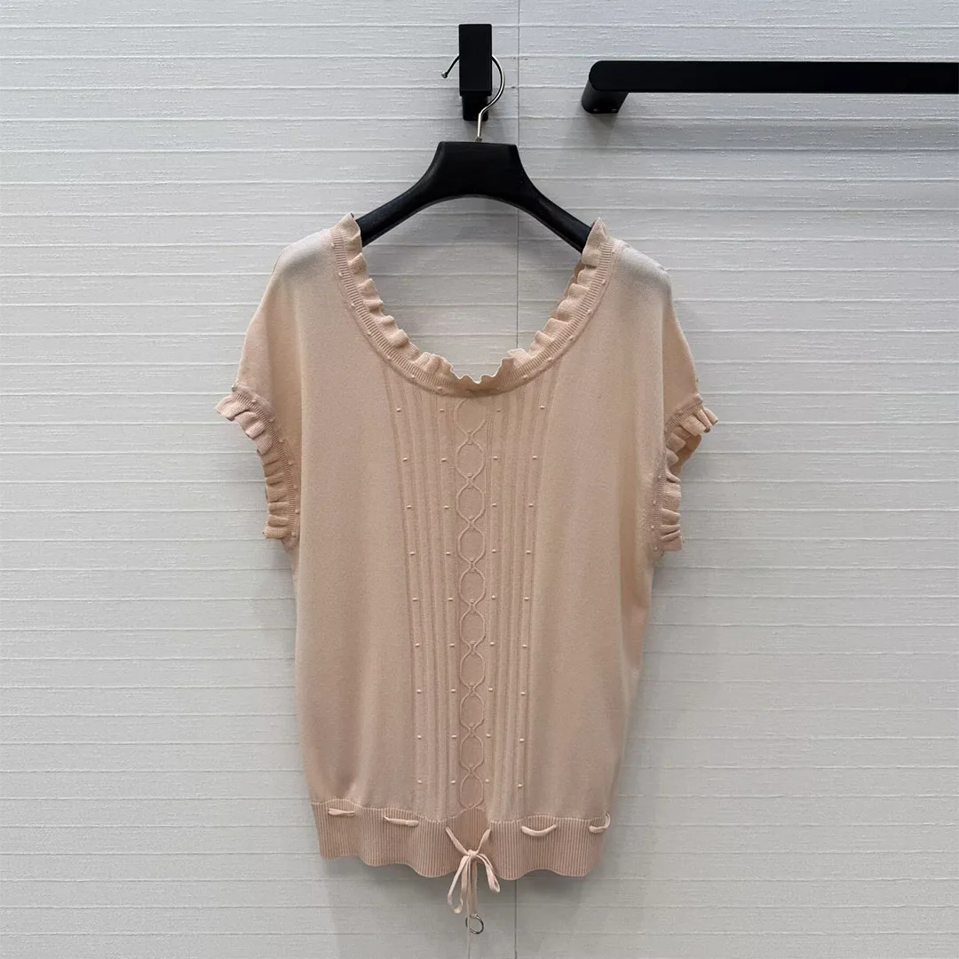 2026 New Spring Summer Soft Knitted Tops Women Lace O-neck Short Sleeve Stripes Jacquard Lace-up Belt Casual Sweet T-shirt