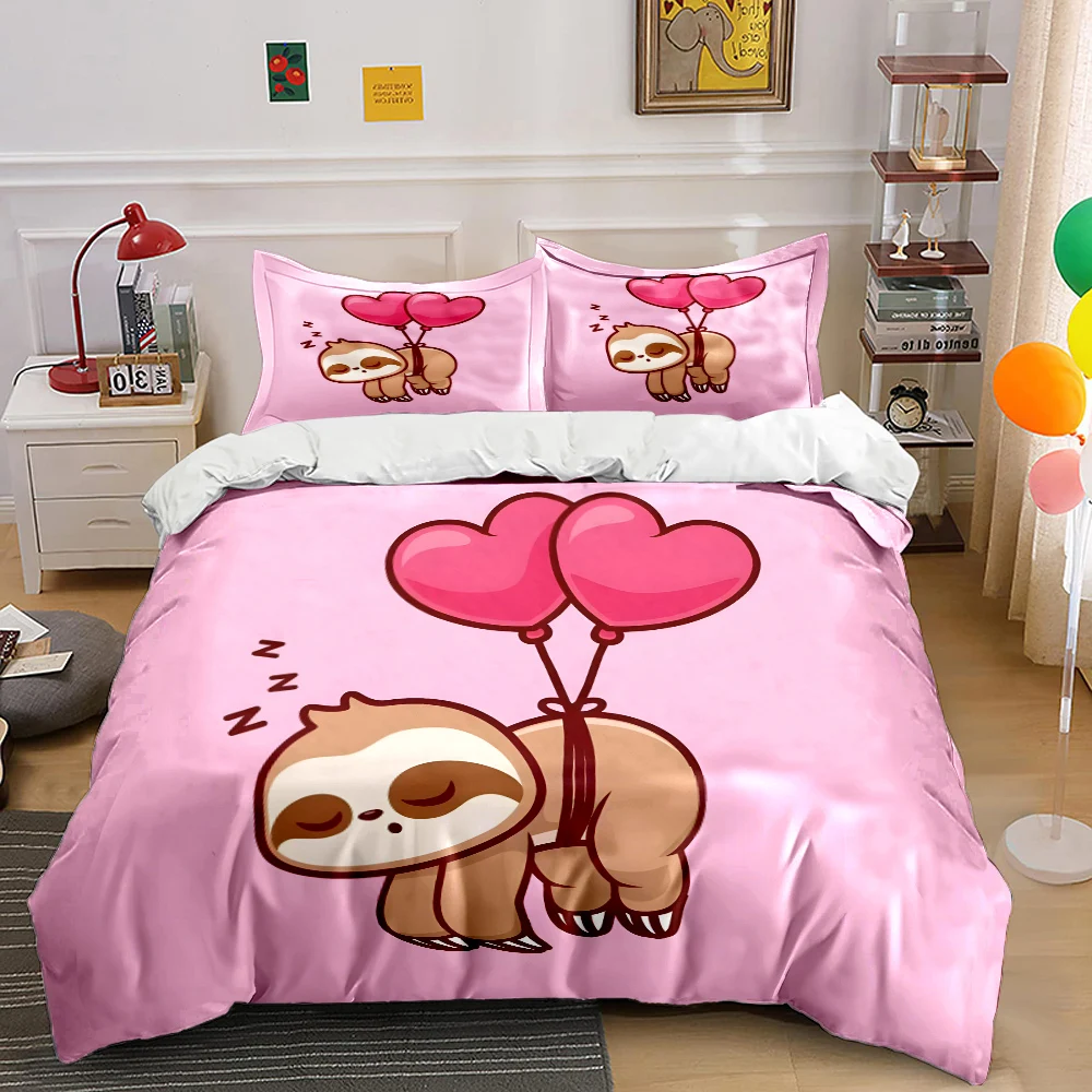 Cute sloth with heart-shaped balloons Print Bedding Set 1 Duvet Cover 2 Pillowcases for Adult and Children Luxury Gift Full Size