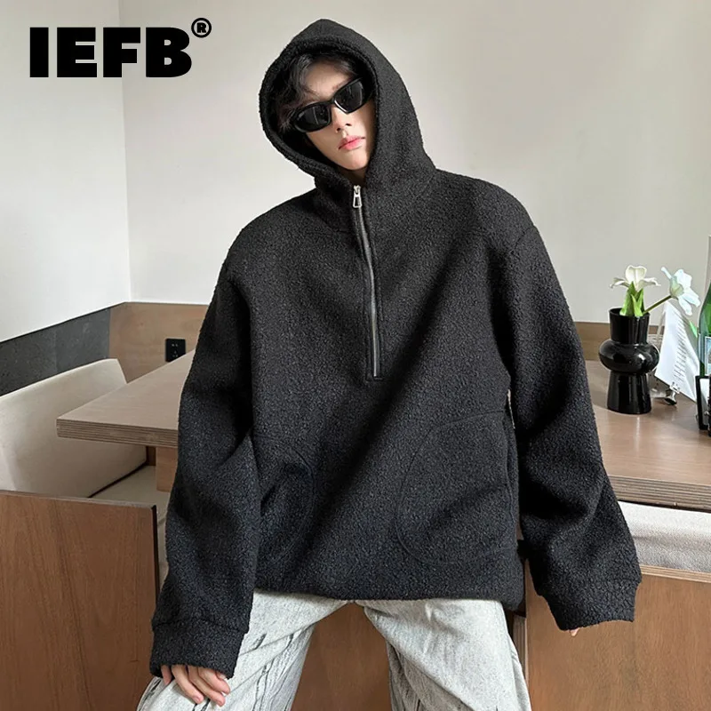 IEFB Woolen Hooded Men's Fashion Coat Zipper Pockets Solid Color Pullover Streetwear Loose New Chic Male Hoodies 2024  9C9032