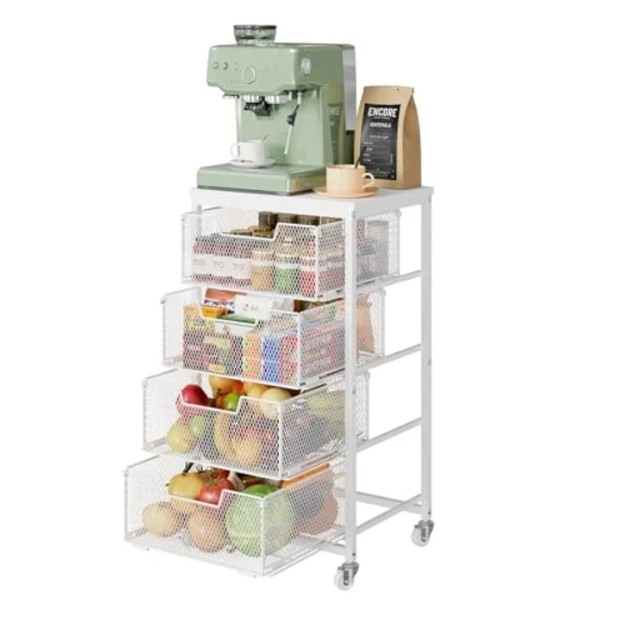 

4-ярусная кухонная тележка для хранения - тележка для фруктов и овощей с ящиками, деревянной столешницей и металлическим проволочным основанием, органайзер и тележка для хранения на кухне