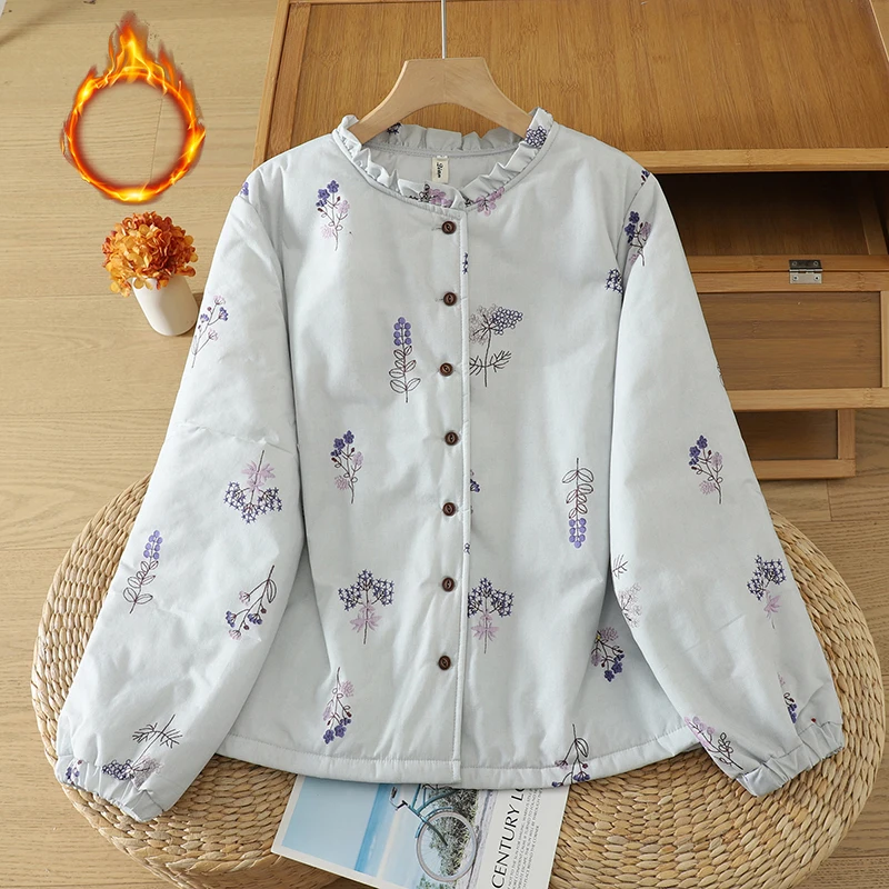 Thickened Cotton Jacket Women's Winter Coat Purple Flower Print Warmth Artistic Large Size Fashionable Commute Style Long Sleeve
