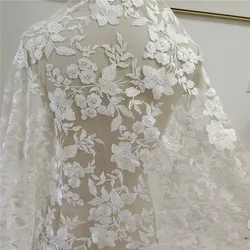 Gentle Flowers Sequince Lace Cotton Embroidery Tulle Mesh Off White Wedding Dress Lace Fabric Material 130CM Wide