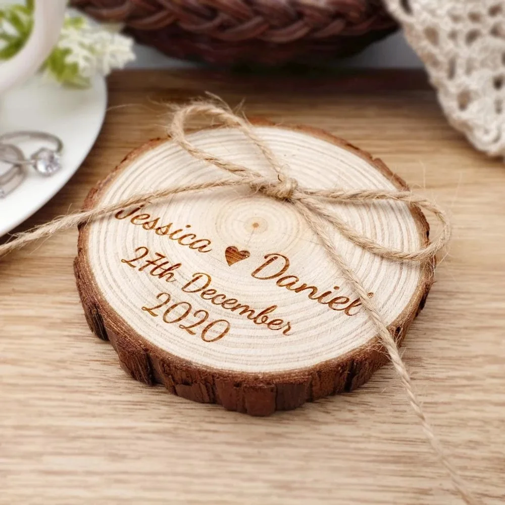 Personalized Wedding Ring Holder, Custom Wedding Ring Cushion Wooden Disc Wedding Ceremony Marriage Wife Gift for Her