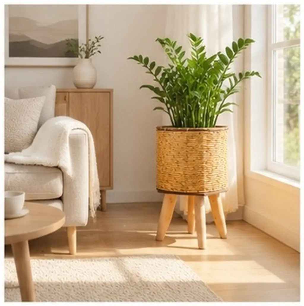 リビングルームの植物を飾るための木製プランタースタンド。秋のインテリアに合う、北欧風の編み込み花鉢。屋内用。