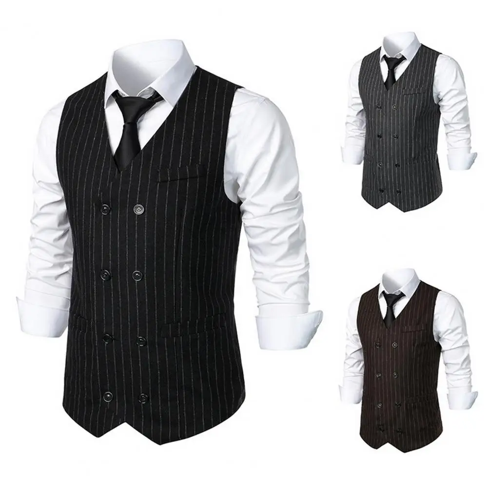 

Men Vest Elegant Double Breasted Striped Suit Vest for Men Vintage Retro Waistcoat with Patch Pockets Chain for Wedding