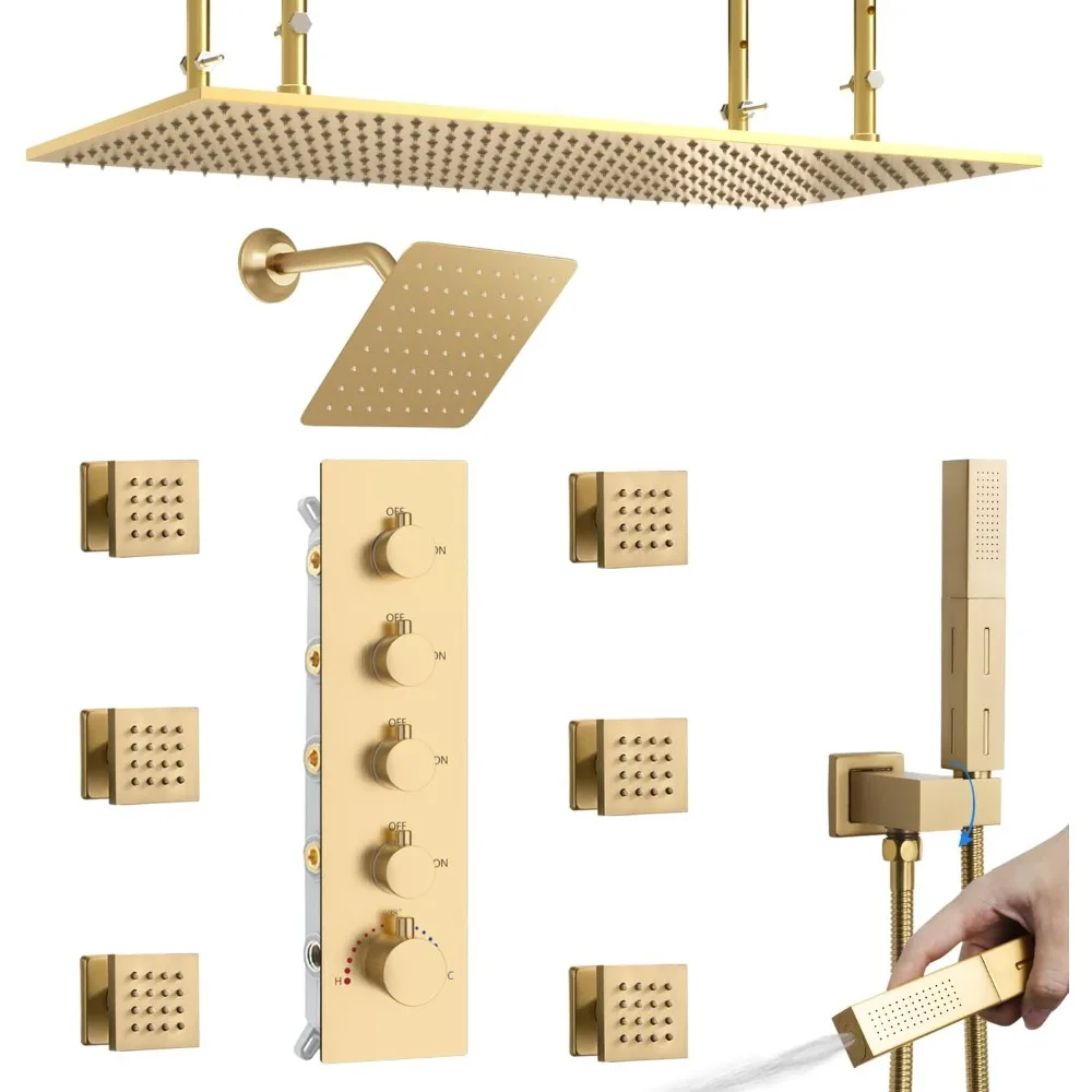 

Ceiling Mounted Rainfall Shower System with 16x32 Rain Head and 6 Wall-Mounted Shower Heads Including Handheld Spray