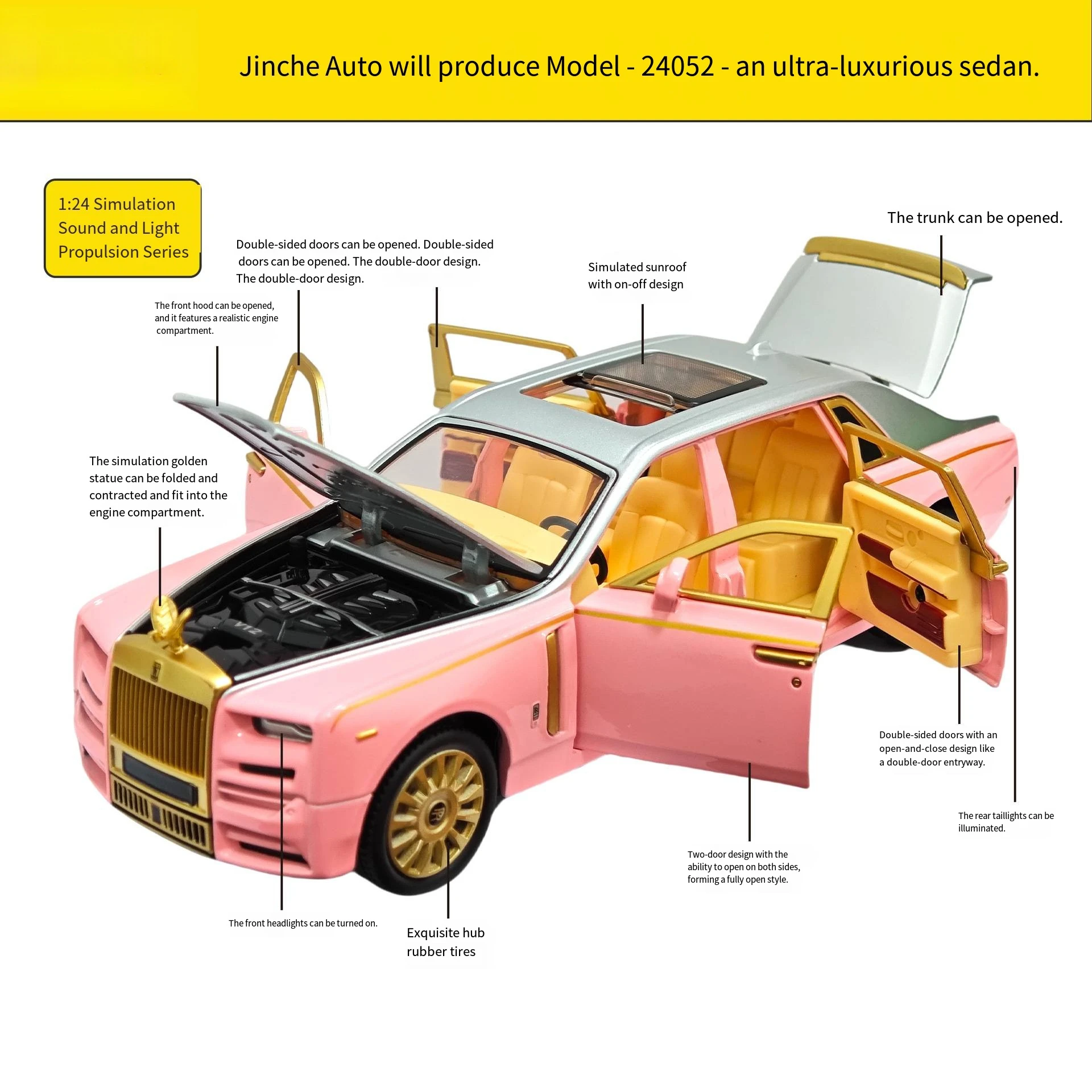 Modelo de carro de luxo 1:24 - Veículo de liga 24052 - Veículo de som e luz com sistema de propulsão - Modelo de veículo de brinquedo infantil