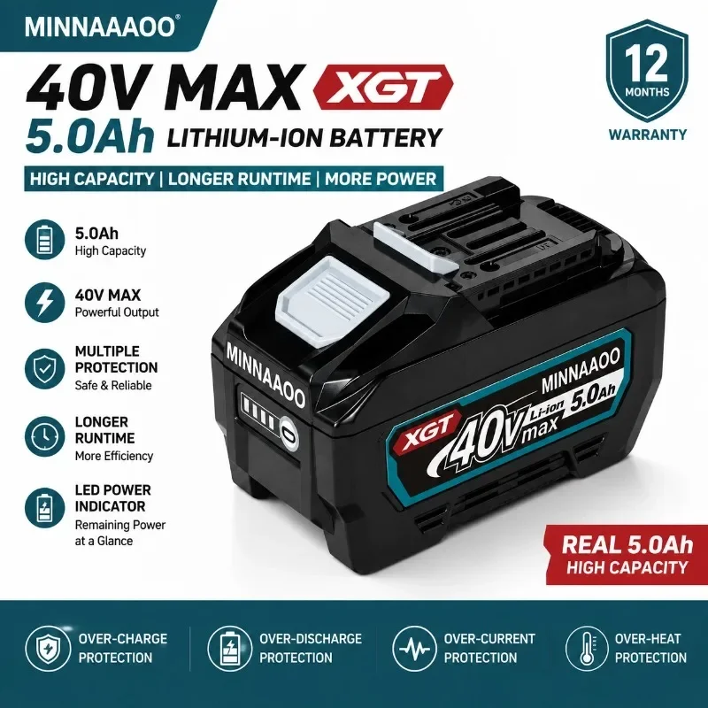 FOR Makita 40V MAX XGT Battery 5.0Ah Lithium Ion Rechargeable Battery Pack High Capacity Long Runtime Power Tool Battery