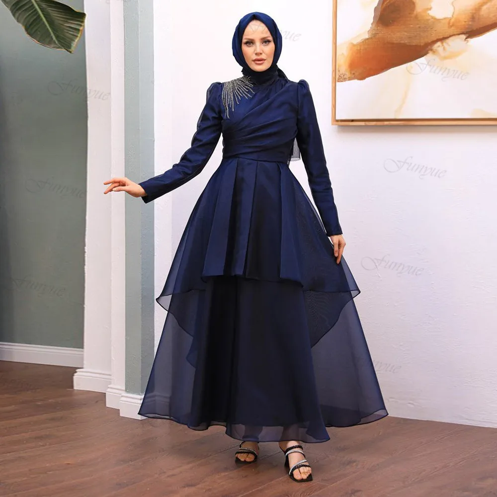 

Robes De Soirée Arabic Long Sleeves Abiye Hijab Evening Gowns for Women A-Line Organza Muslim Formal Occasion DressesRobes De So