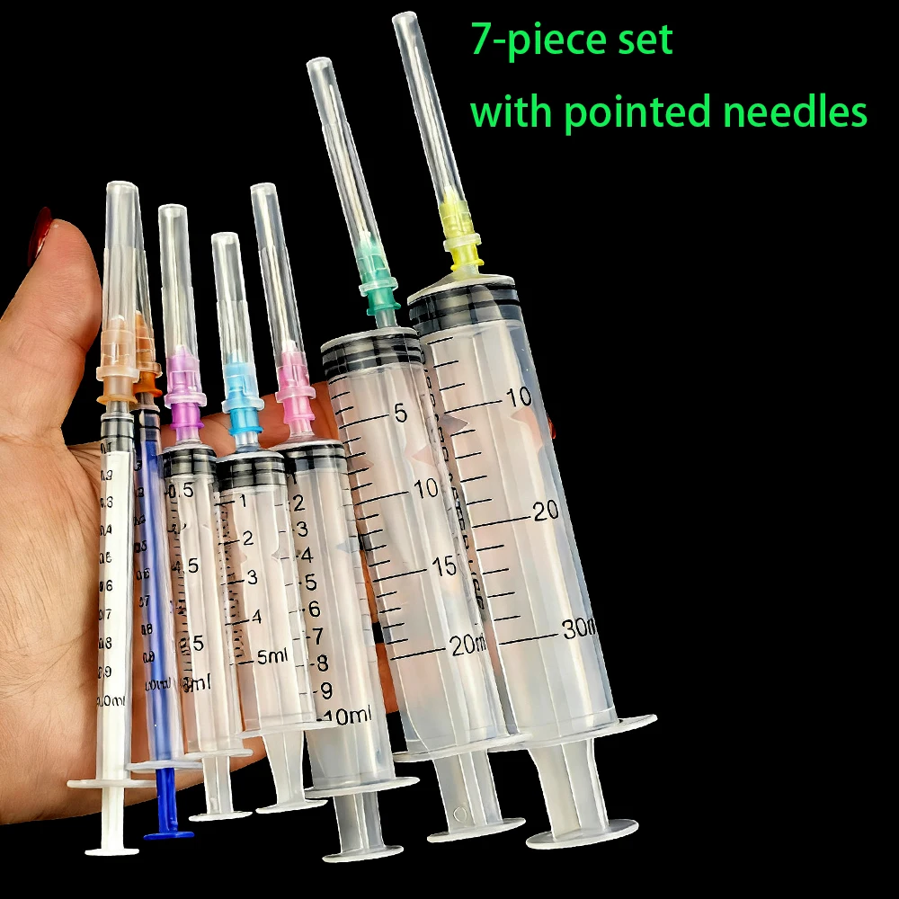 7-teiliges Set aus Klebstoffapplikatoren und Spritzen für Veterinär- und Industriezwecke, Tierfütterung, mit Kapazitäten von 1+3+5+10+20+30 ml, ausgestattet mit spitzen Nadeln und Kappen, geeignet für