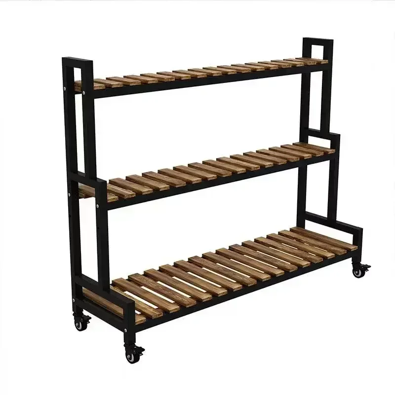 Solid wood flower pot rack movable balcony succulent rack wrought iron stepped type