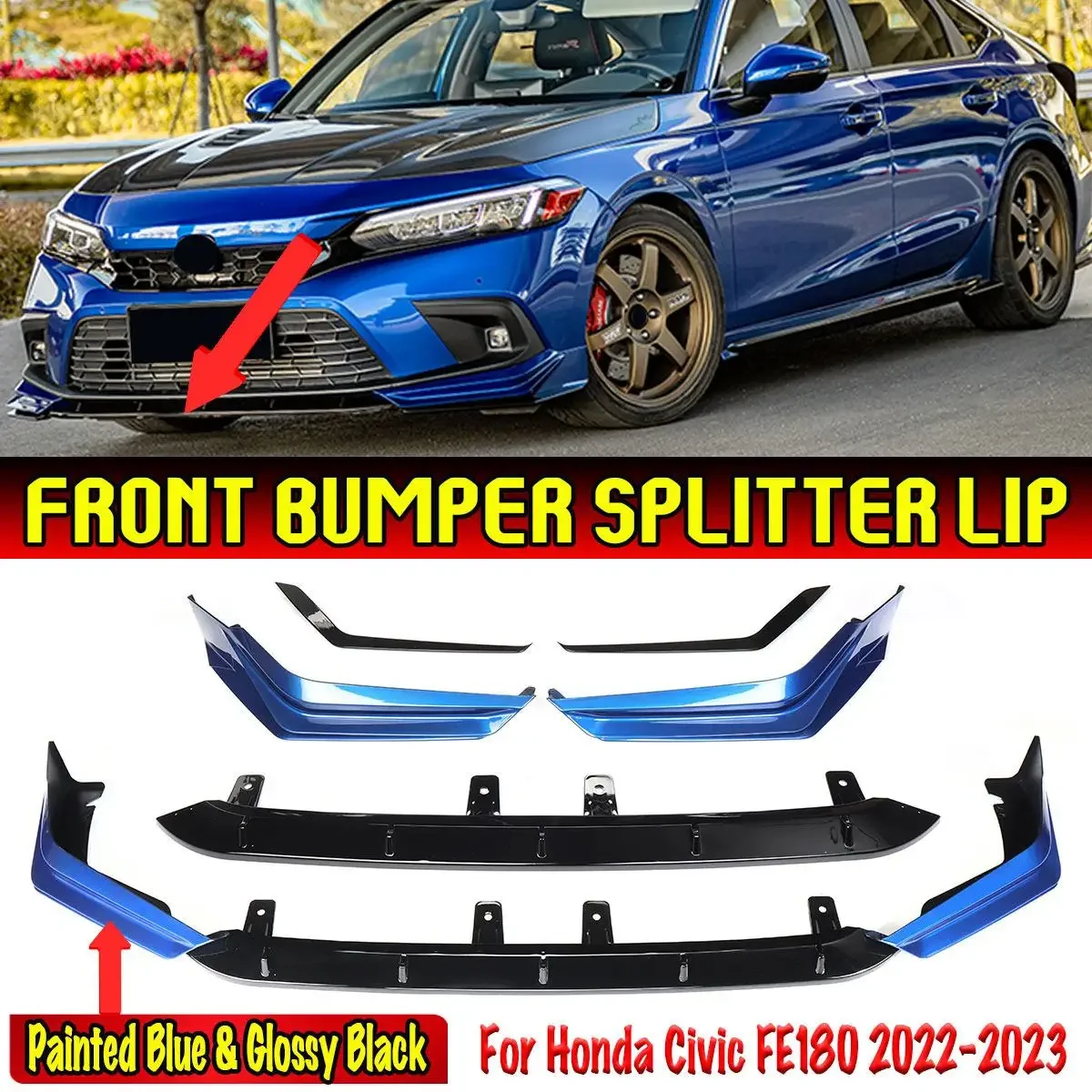 

3pcs Front Bumper Lip Chin Spoiler Splitter Surround Molding Cover Trim Guard For Honda For Civic FE180 2022-2023 Exterior Part