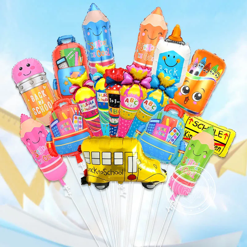 2pcs Happy Back To School Foil Balloons Stationery Pencil Bag Pencil Case Correction Fluid, School Bus Ice Cream Party Decor