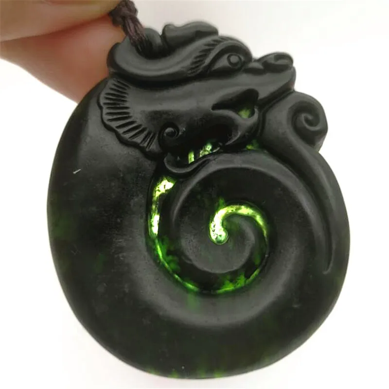 Charm Natural Black Green Stone Jade Carved Chinese TaiJi BaGua Tiger Dragon Lucky Pendant Amulet Rope Necklace Gift Jewelry