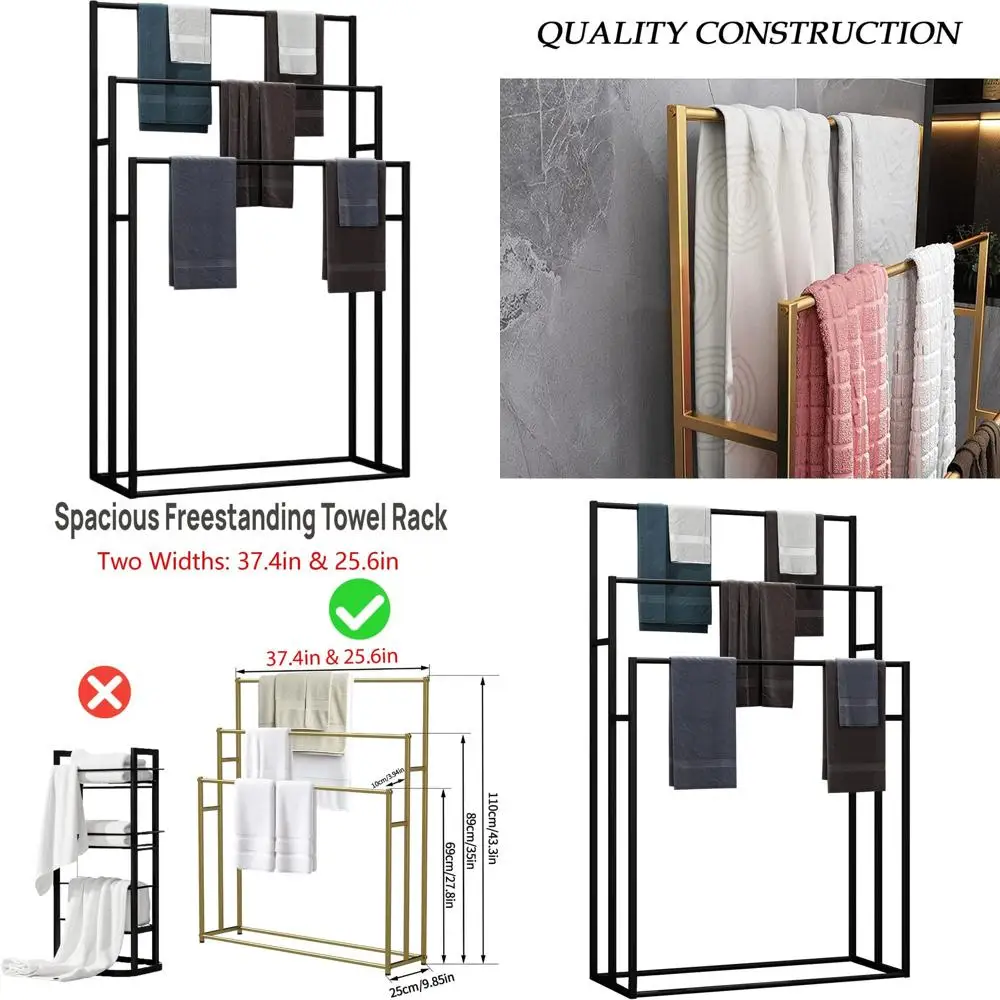 

Extra Wide Heavy-Duty Metal 3-Tier Towel Rack for Bathroom or Poolside - Matte Black, 37.4” Wide