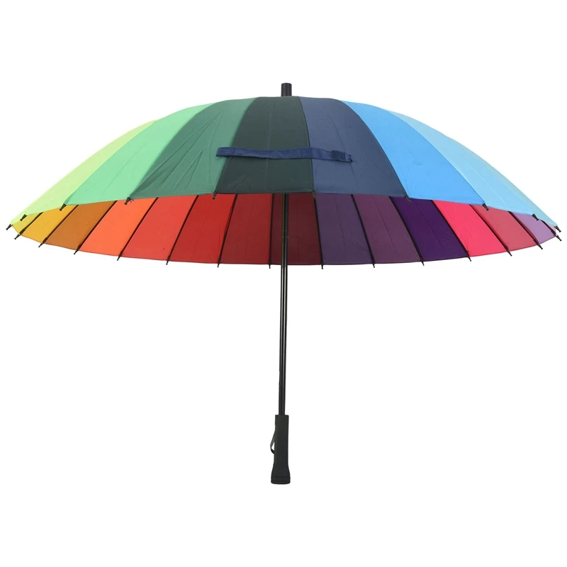 24K Rib Color Rainbow Fashion Long Handle Straight Anti-Uv Sun/Rain Stick Umbrella Manual Big Parasol