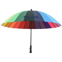 24K Rib Color Rainbow Fashion Long Handle Straight Anti-Uv Sun/Rain Stick Umbrella Manual Big Parasol