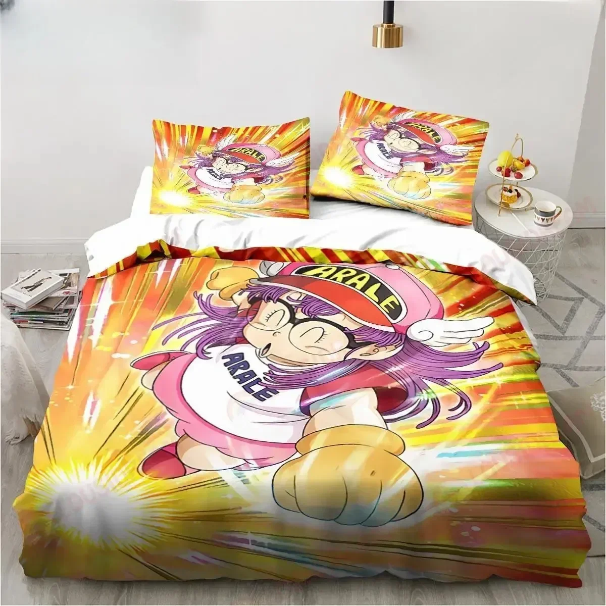New Cute Cartoon DR S-Slump Arale Anime Printed Bed Set Duvet Cover Bedding Set Bed Linen Sheet Quilt Cover Full Queen King Size